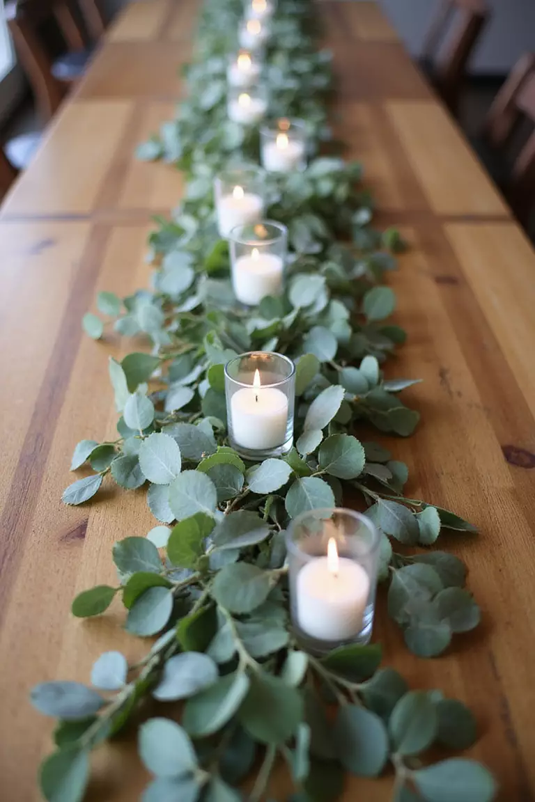 Lush Greenery Garland A professional photo, similar to a photo in a wedding magazine, of a long eucalyptus garland running down the center of a wooden dining table, interspersed with white candles in glass holders.
