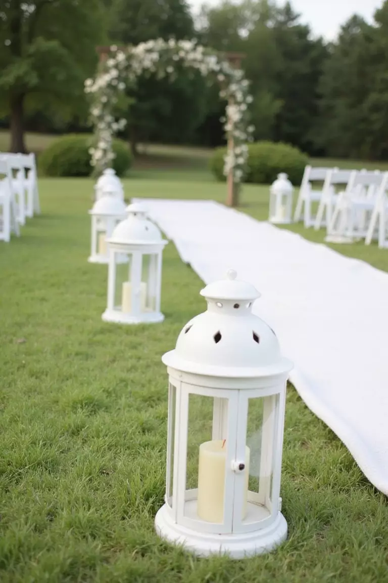 Lantern Aisle Decor A professional photo, similar to a photo in a wedding magazine, of white metal lanterns containing pillar candles lining the sides of an outdoor wedding aisle runner on green grass.