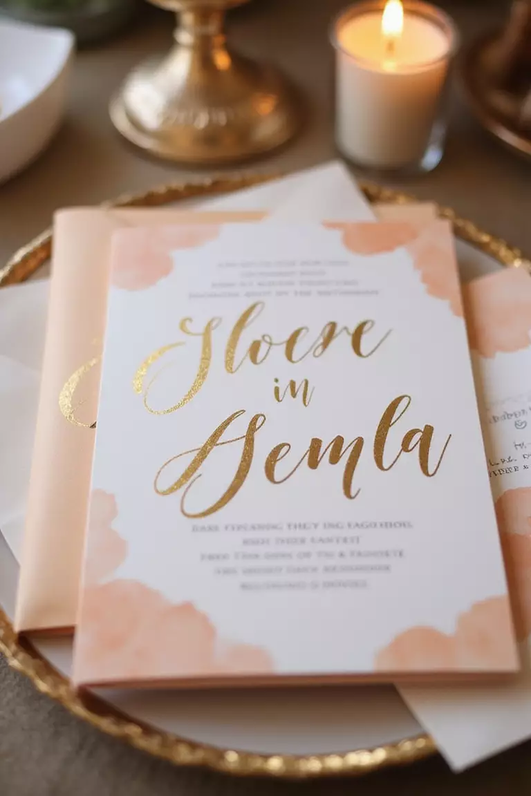 Peach And Gold Shimmer A professional photo, similar to a photo in a wedding magazine, of elegant wedding invitations with peach watercolor washes and shimmering gold foil lettering. Soft, warm ambient lighting.
