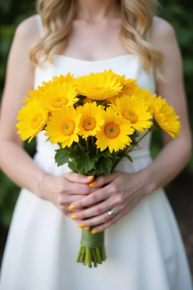 Buttercup Brightness A professional photo, similar to a photo in a wedding magazine, of a bride holding a simple, cheerful bouquet primarily of bright yellow buttercups with stems wrapped in green ribbon.