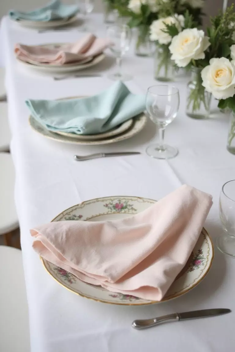 Use Linen Napkins And Tablecloths A professional photo, similar to a photo in a wedding magazine, of neatly folded pastel linen napkins placed beside vintage china plates on a crisp white linen tablecloth.