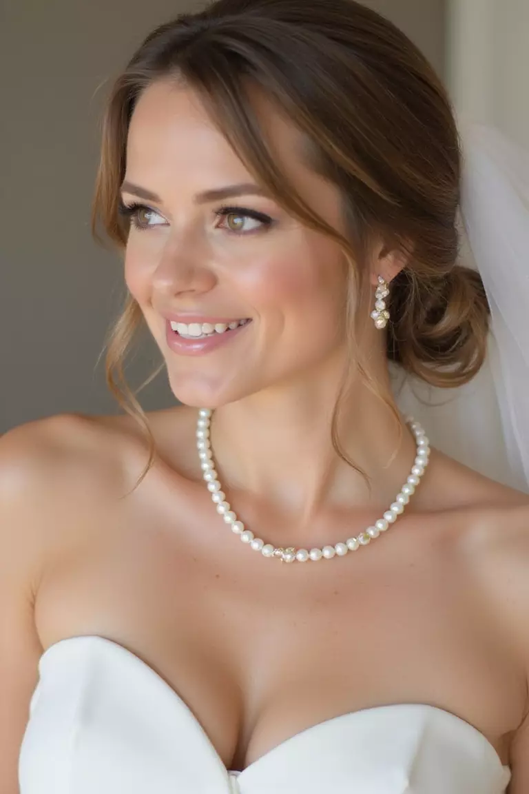 A professional photo, similar to a photo in a wedding magazine, of a bride wearing a simple strand of classic white pearls around her neck.