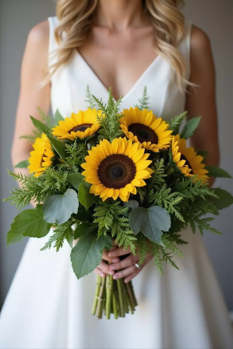Sunflowers And Greenery A professional photo, similar to a photo in a wedding magazine, of a bride holding a lush bouquet with sunflowers nestled among various green foliage like eucalyptus, ferns, and ivy.