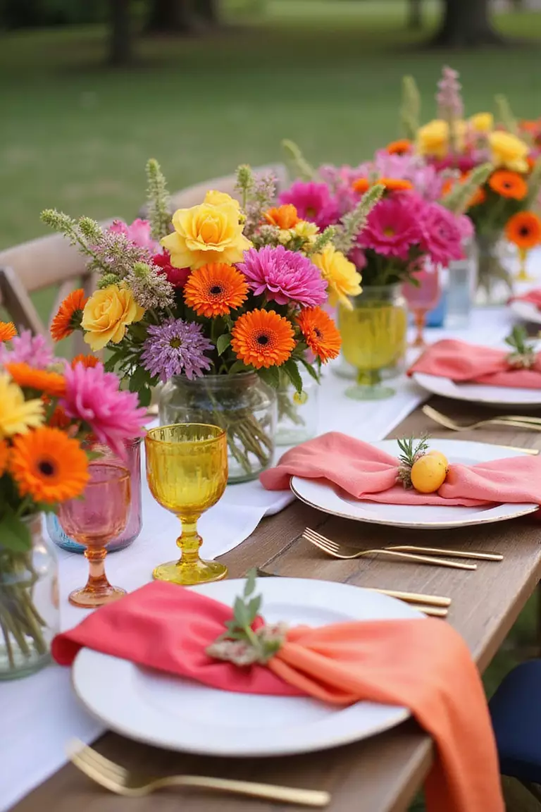 Use Bright And Bold Colors A professional photo, similar to a photo in a wedding magazine, of a vibrant summer wedding tablescape featuring hot pink, orange, and yellow flowers, colorful napkins, and bright glassware.
