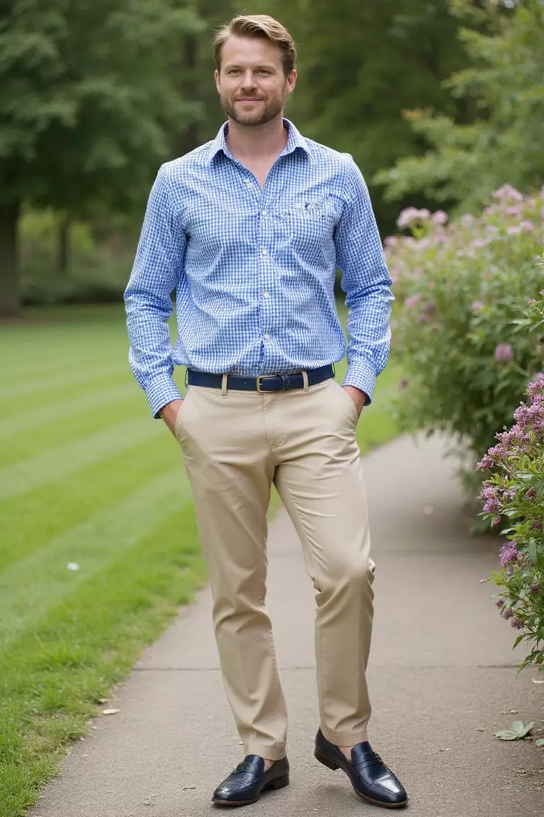 Gingham Shirt and Neutral Pants A professional photo, similar to a photo in a wedding magazine, of a man wearing a blue gingham check shirt, beige dress pants, navy belt, and matching loafers at a casual garden wedding.