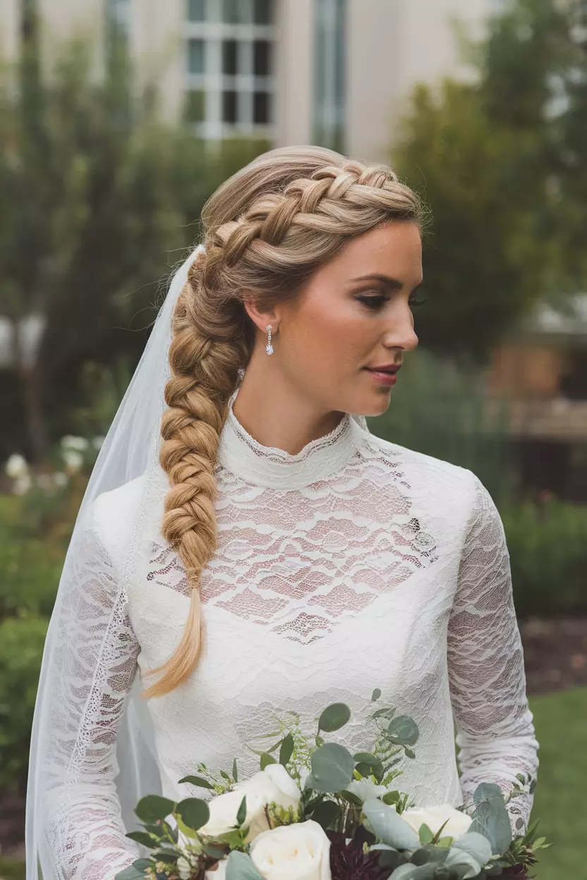 Bridal French Plait Braid A beautiful bride with a classic bridal French plait braid hairstyle.