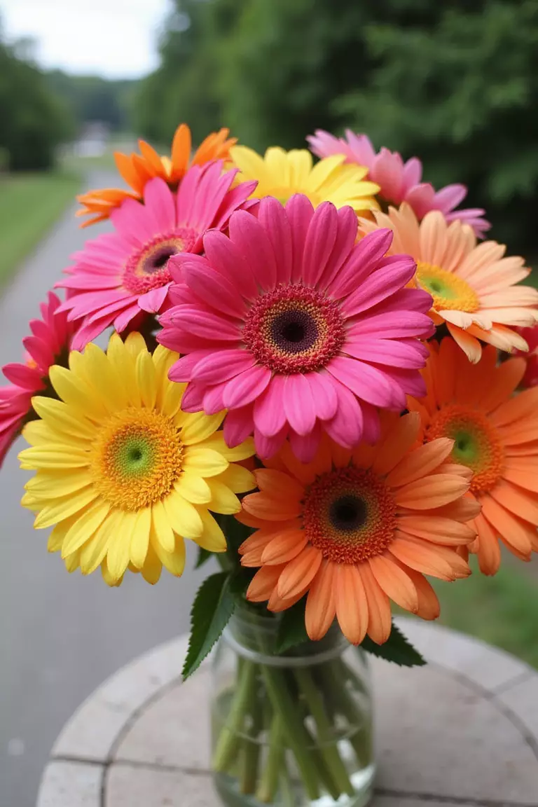 Gerbera Daisy Delight A professional photo, similar to a photo in a wedding magazine, of a cheerful bouquet filled with large gerbera daisies in hot pink, orange, and yellow. Casual outdoor party background. No text.