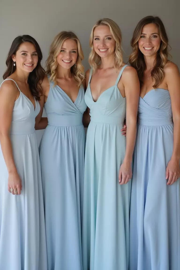 A professional photo, similar to a photo in a wedding magazine, of a group of smiling bridesmaids wearing different style dresses all in coordinating shades of dusty blue.