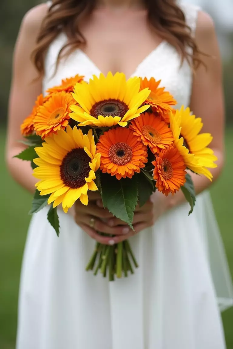 Sunflowers With Orange Blooms A professional photo, similar to a photo in a wedding magazine, of a bride holding a warm-toned bouquet featuring sunflowers paired with other orange flowers like marigolds or zinnias.