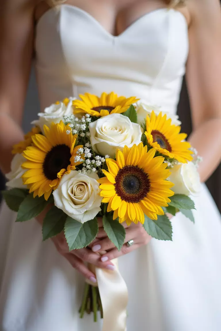 Sunflowers And Roses A professional photo, similar to a photo in a wedding magazine, of a bride holding a bouquet mixing vibrant sunflowers with elegant white or cream roses, tied with a satin ribbon.