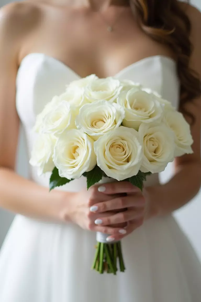 Classic White Roses A professional photo, similar to a photo in a wedding magazine, of a bride holding a tightly packed round bouquet composed entirely of large, flawless white roses with minimal greenery visible.