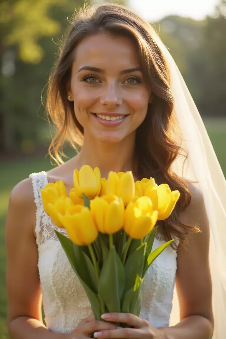 Sunny Yellow Tulips A professional photo, similar to a photo in a wedding magazine, of a bride holding a joyful bouquet of bright yellow tulips, catching the sunlight.