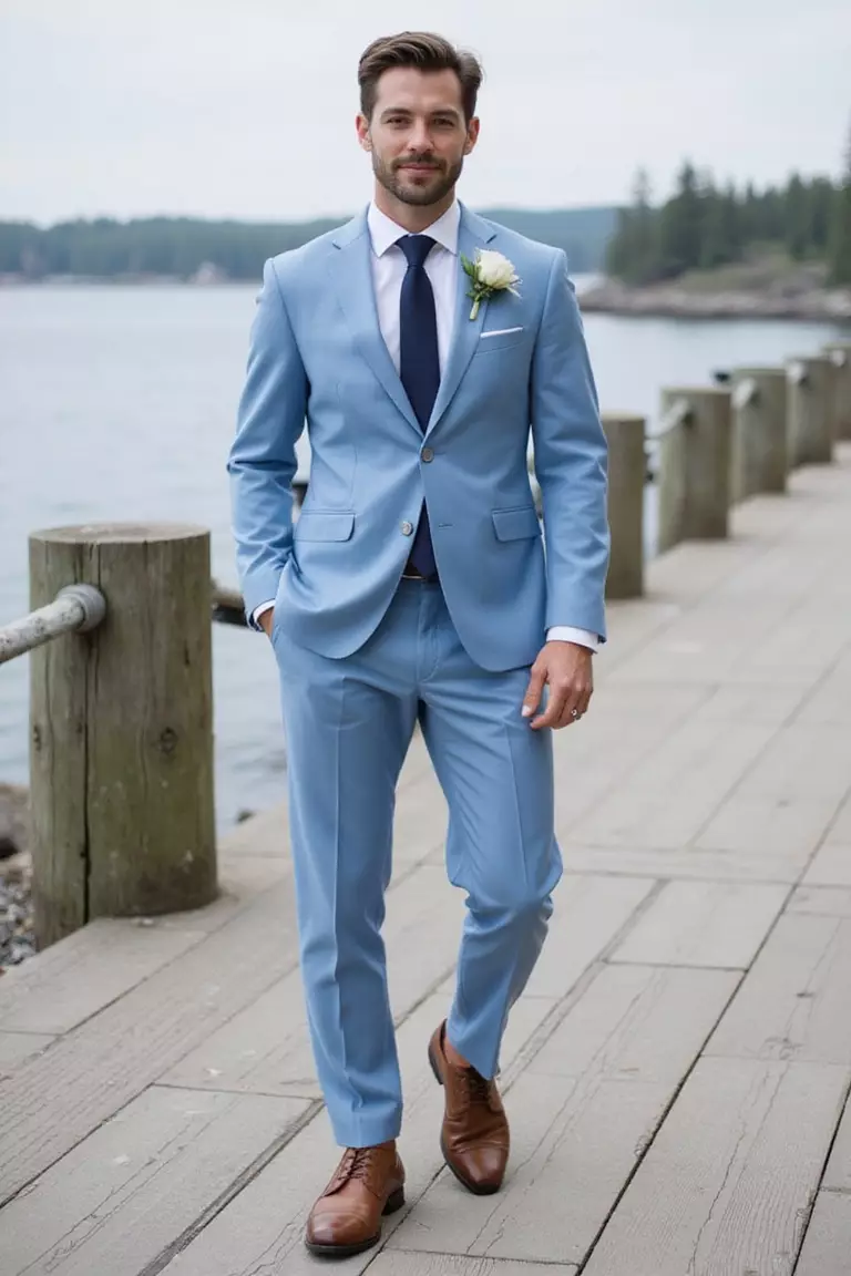 Light Blue Suit A professional photo, similar to a photo in a wedding magazine, of a man wearing a light blue suit with a white shirt, navy tie, and brown leather shoes at a waterfront wedding