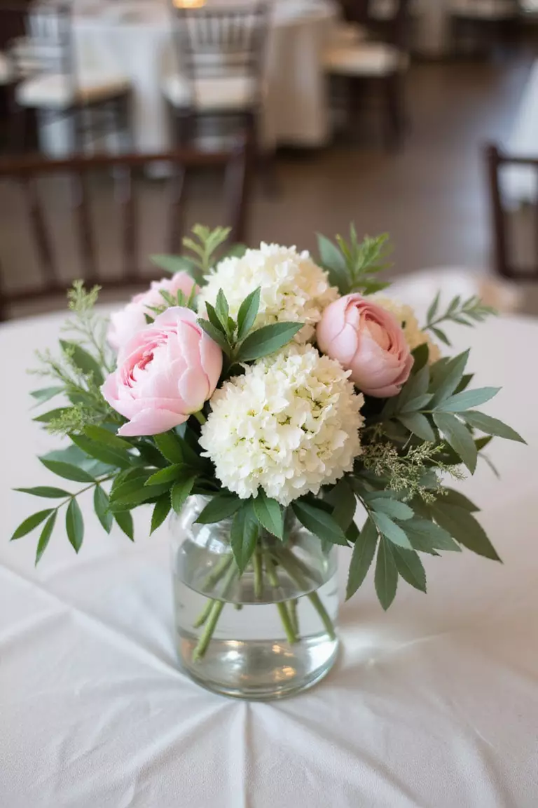 Classic Floral Arrangement A professional photo, similar to a photo in a wedding magazine, of a low, lush centerpiece with pink peonies, white hydrangeas, and eucalyptus in a clear glass vase on a linen-covered table.