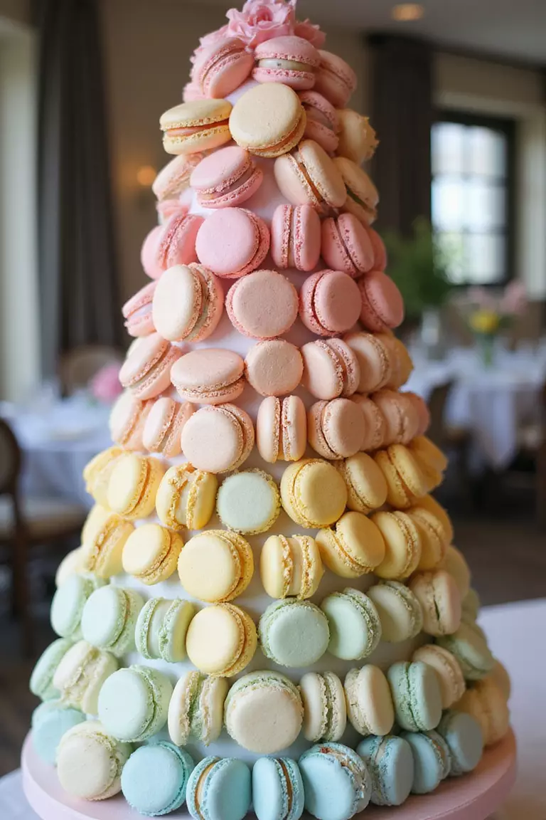 Macaron Tower Cake A professional photo, similar to a photo in a wedding magazine, of a tall cone-shaped tower covered in colorful French macarons in pastel shades, creating a stunning display.