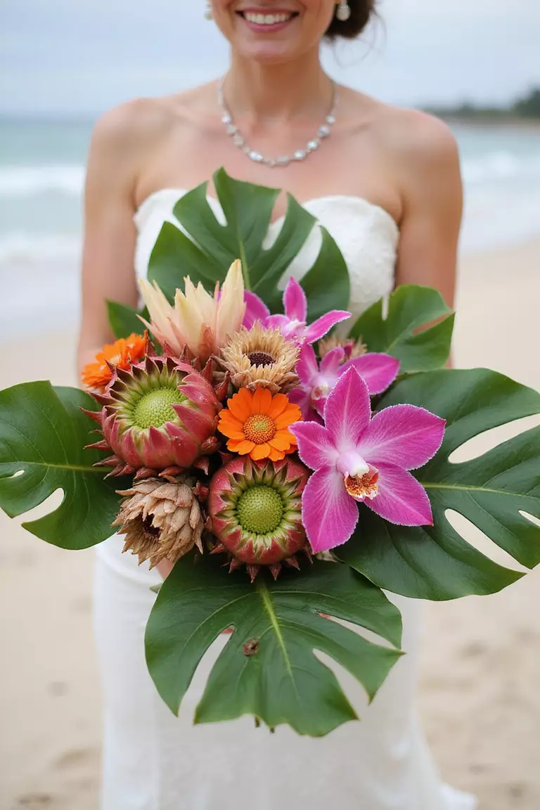 Tropical Touch A professional photo, similar to a photo in a wedding magazine, of a bold bouquet with large tropical leaves, protea, and bright orchids, held by a bride against a beach backdrop.