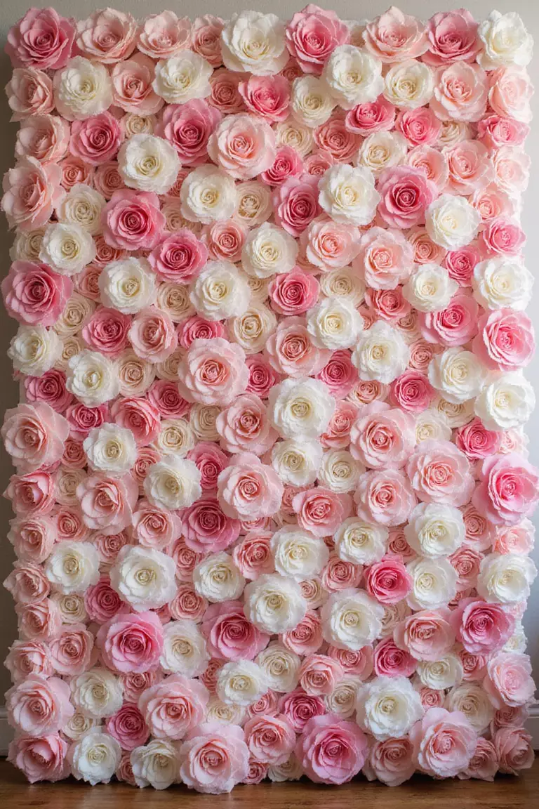 Fun Photo Backdrop A professional photo, similar to a photo in a wedding magazine, of a flower wall backdrop made of pink and white silk roses, ready for guests to pose in front of. Soft lighting.
