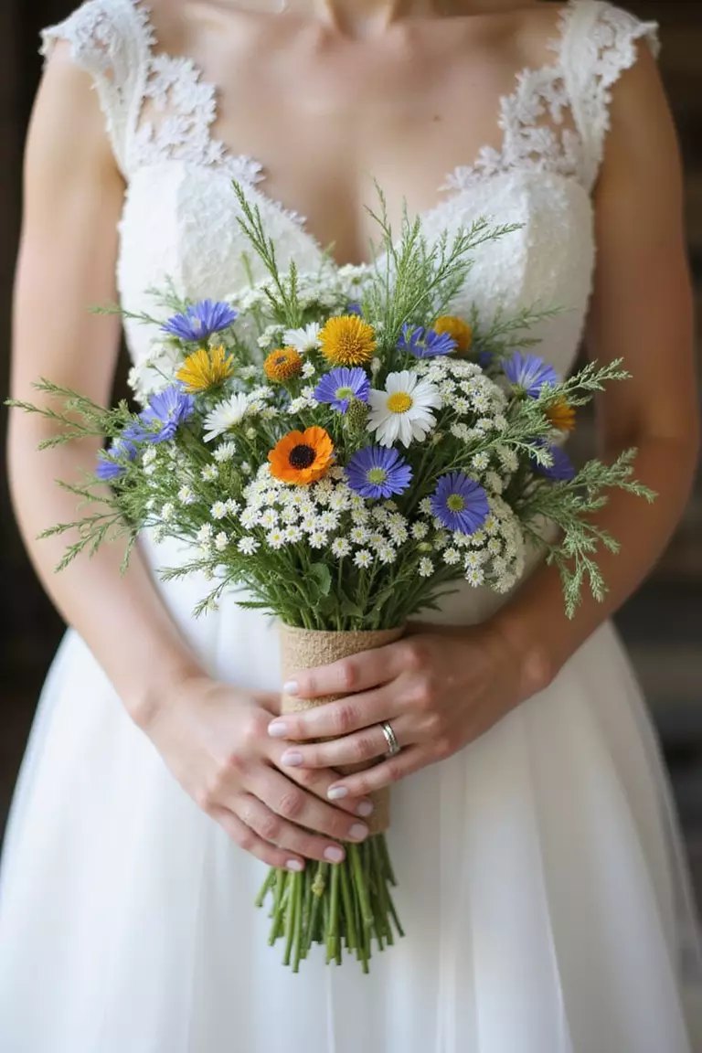 Meadow Fresh Mix A professional photo, similar to a photo in a wedding magazine, of a bride holding a loose bouquet featuring queen anne's lace, cornflowers, poppies, and various green grasses tied with burlap.