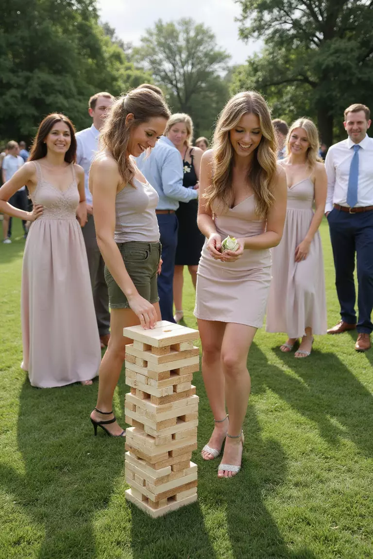 Focus On Guest Experiences A professional photo, similar to a photo in a wedding magazine, of wedding guests laughing while playing oversized Jenga on a green lawn during a sunny afternoon cocktail hour.