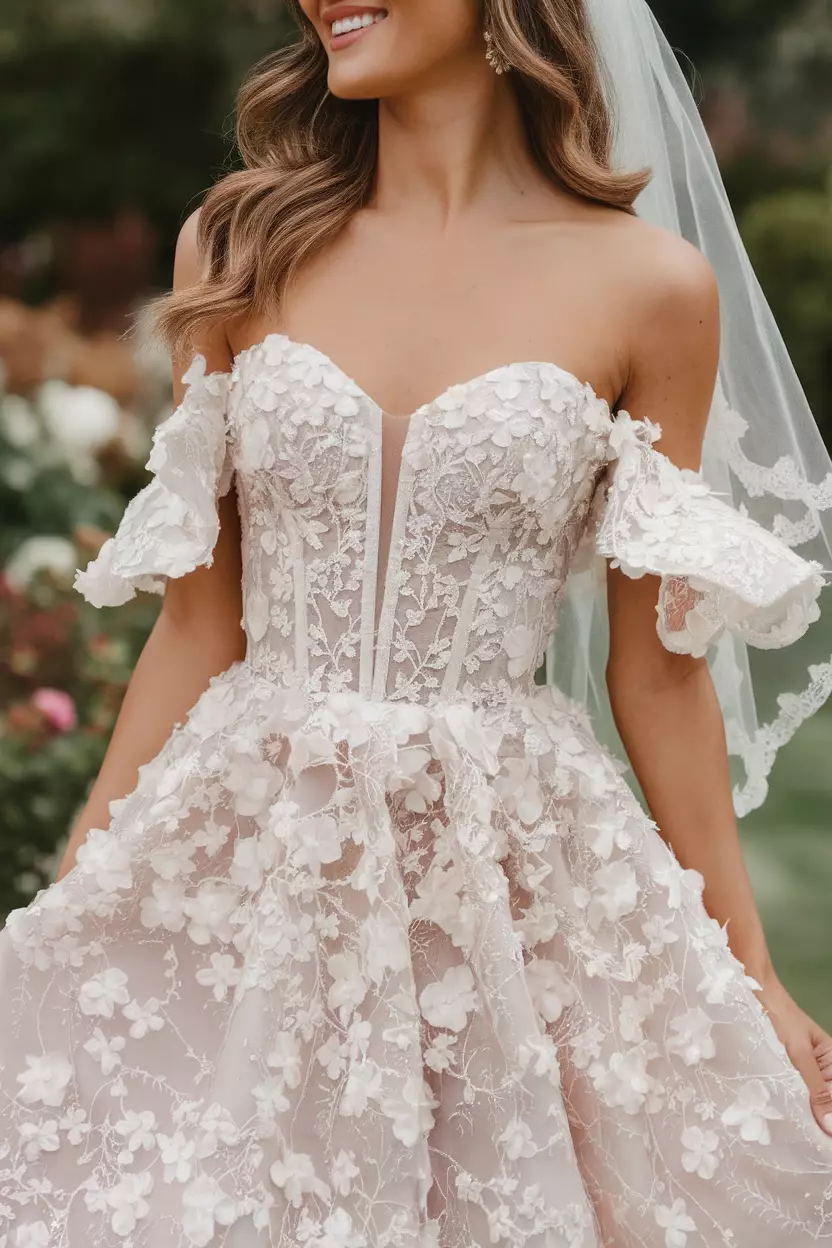 Off-the-Shoulder Floral Maxi Dress A beautiful bride wearing a romantic off-the-shoulder maxi dress adorned with a delicate floral pattern, showcasing her collarbones.