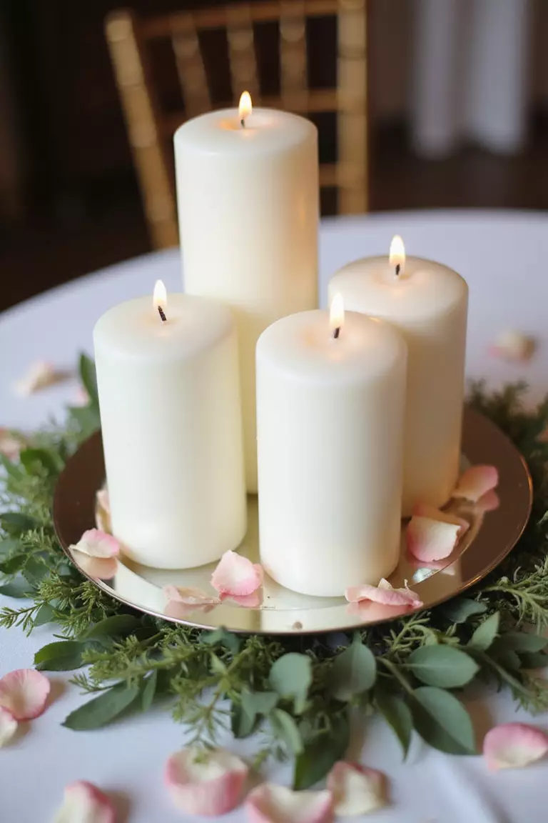 Candle Cluster A professional photo, similar to a photo in a wedding magazine, of varying heights of white pillar candles clustered on a mirrored tray, surrounded by scattered rose petals and greenery.