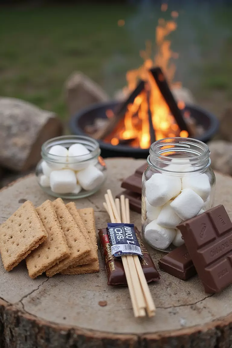 Campfire S'mores Bar A professional photo, similar to a photo in a wedding magazine, of a dessert station with jars of marshmallows, chocolate bars, graham crackers, and roasting sticks near a small bonfire.