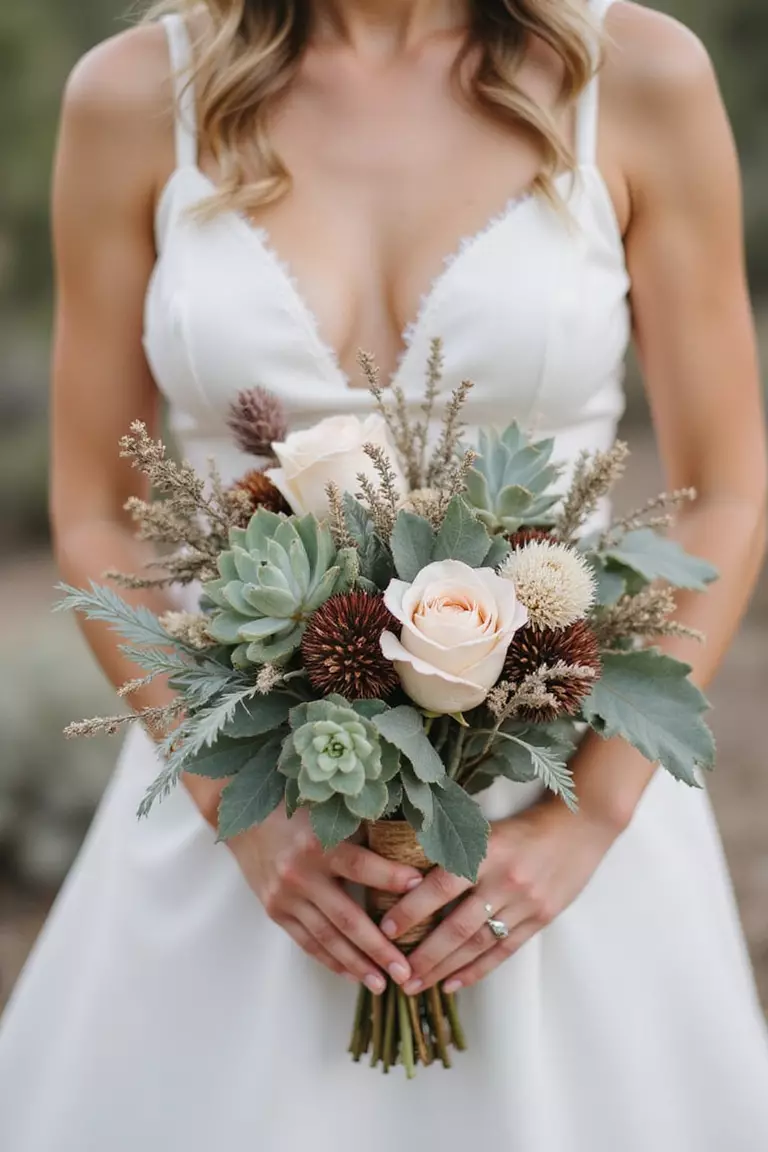 Desert Blooms Inspiration A professional photo, similar to a photo in a wedding magazine, of a bride holding a unique bouquet inspired by the desert landscape, featuring muted tones, succulents, dried elements, and maybe a pale pink desert rose.