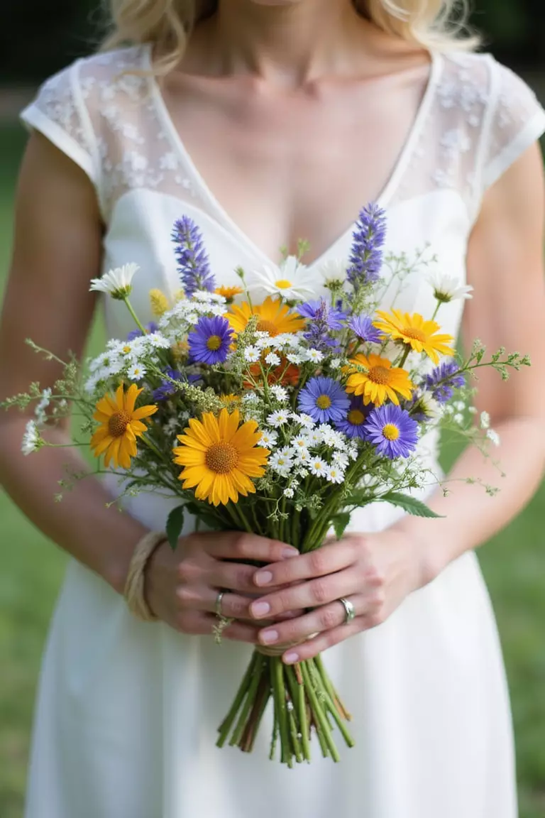 Wildflower Mix A professional photo, similar to a photo in a wedding magazine, of a bride holding a loose, asymmetrical bouquet filled with colorful wildflowers like cornflowers, daisies, and Queen Anne's lace, tied with twine.