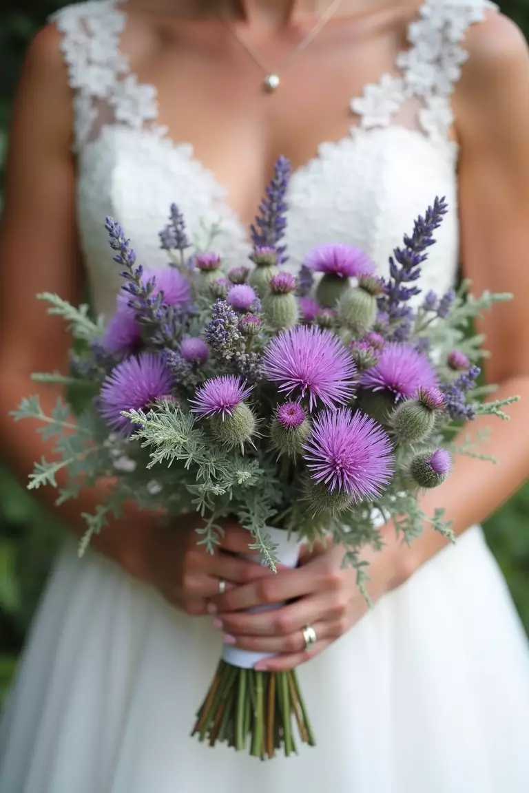 Thistle Texture A professional photo, similar to a photo in a wedding magazine, of a bride holding a unique bouquet mixing purple thistles with soft lambs ear, dusty miller, and lavender sprigs.