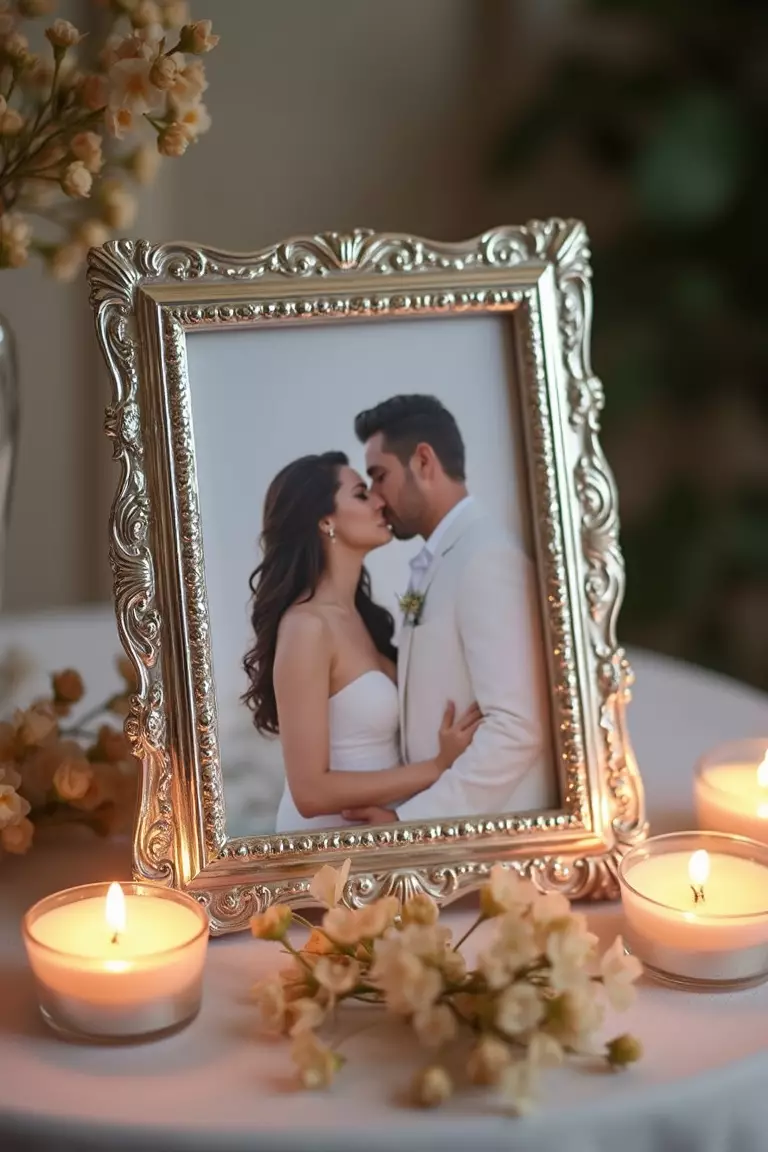 Photo Frame Feature A professional photo, similar to a photo in a wedding magazine, of an elegant silver picture frame displaying couple's photo, surrounded by small votive candles and flower buds.
