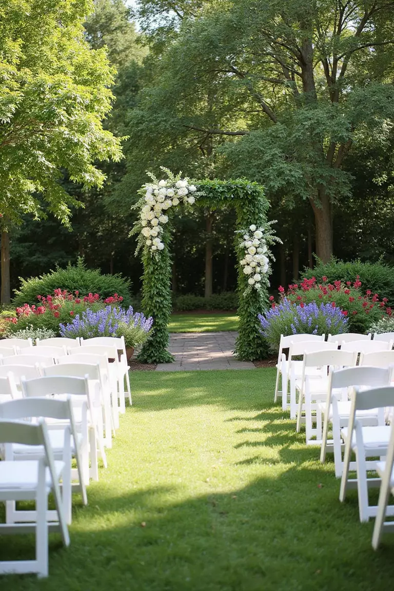Choose An Outdoor Ceremony Spot A professional photo, similar to a photo in a wedding magazine, of a sunny, flower-filled garden prepared for a wedding ceremony, with white chairs facing an arch draped in greenery.