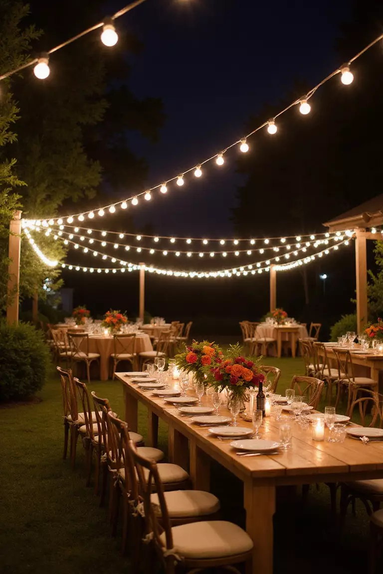 Twinkling Starry Lights A professional photo, similar to a photo in a wedding magazine, of an outdoor wedding reception area at night, lit by numerous strands of warm string lights overhead.