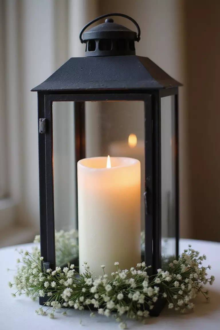 Lantern Light A professional photo, similar to a photo in a wedding magazine, of a rustic black metal lantern with a lit pillar candle inside, encircled by a wreath of baby's breath.