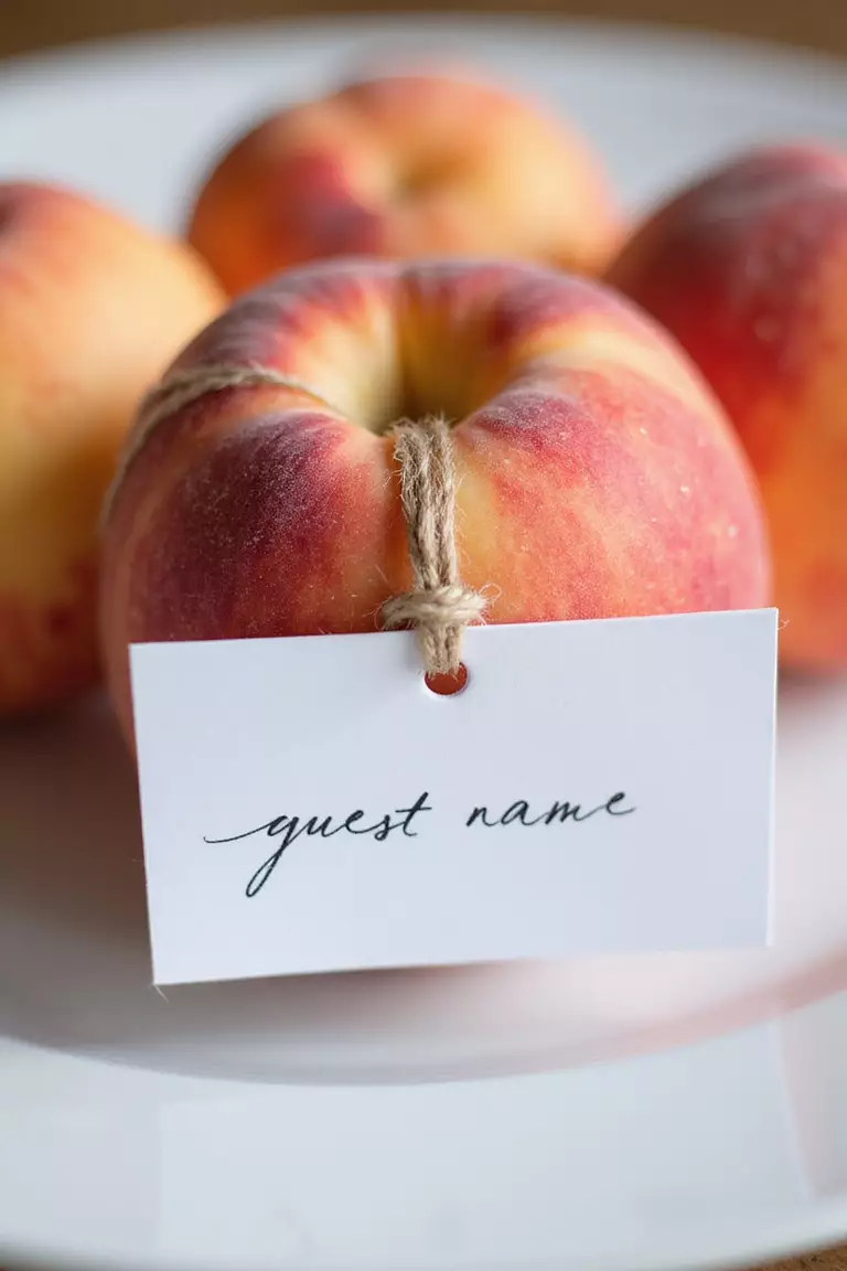 Fresh Fruit Place Cards A professional photo, similar to a photo in a wedding magazine, of a ripe peach with a simple white card tag attached by twine, bearing a handwritten guest name, sitting on a white plate.