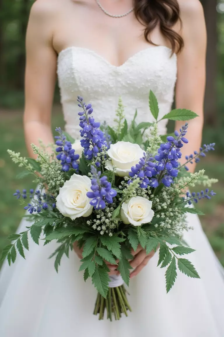Mountain Wildflowers A professional photo, similar to a photo in a wedding magazine, of a bride holding a textured bouquet featuring mountain blooms like bluebells, lupine, columbine, and mountain laurel leaves.
