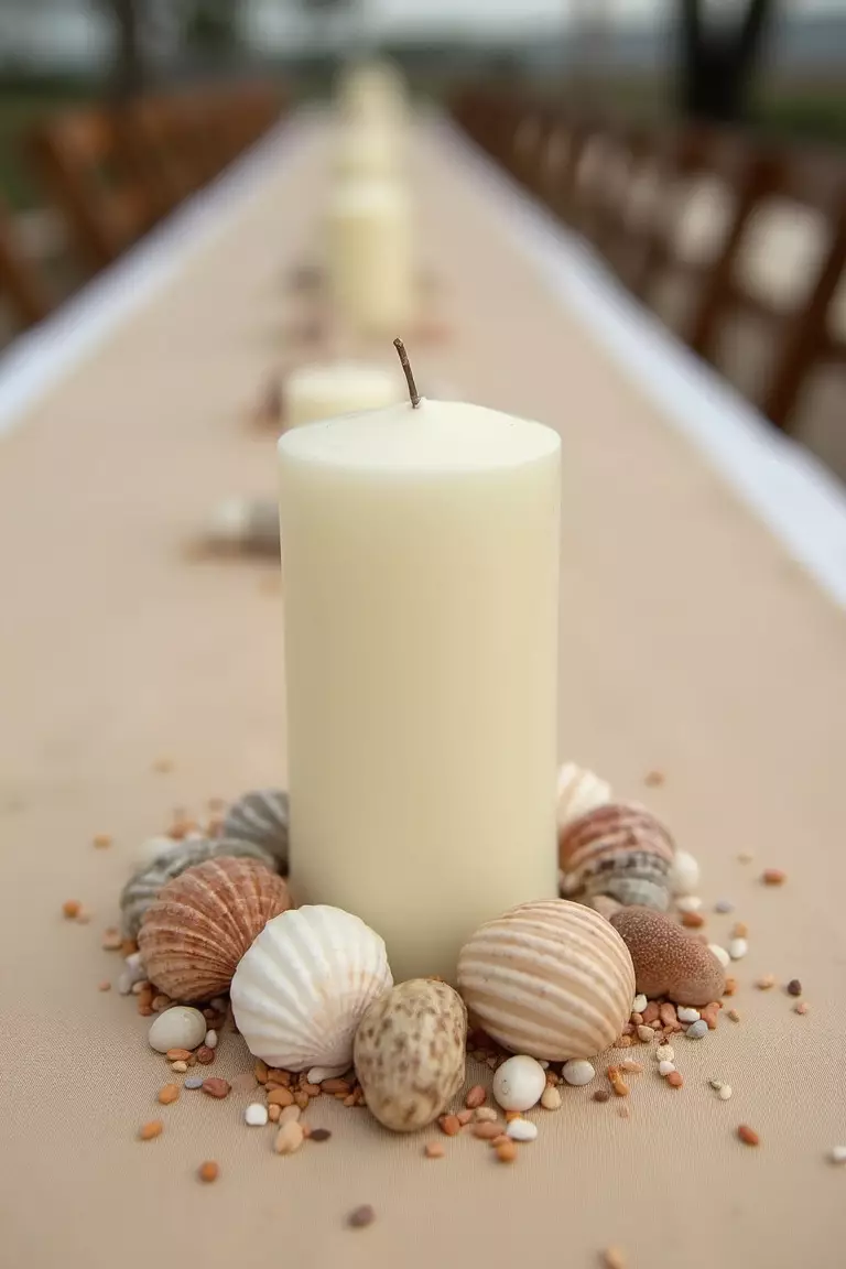 Seashell Details A professional photo, similar to a photo in a wedding magazine, of assorted seashells scattered artfully around the base of a simple candle centerpiece on a sandy-colored tablecloth.