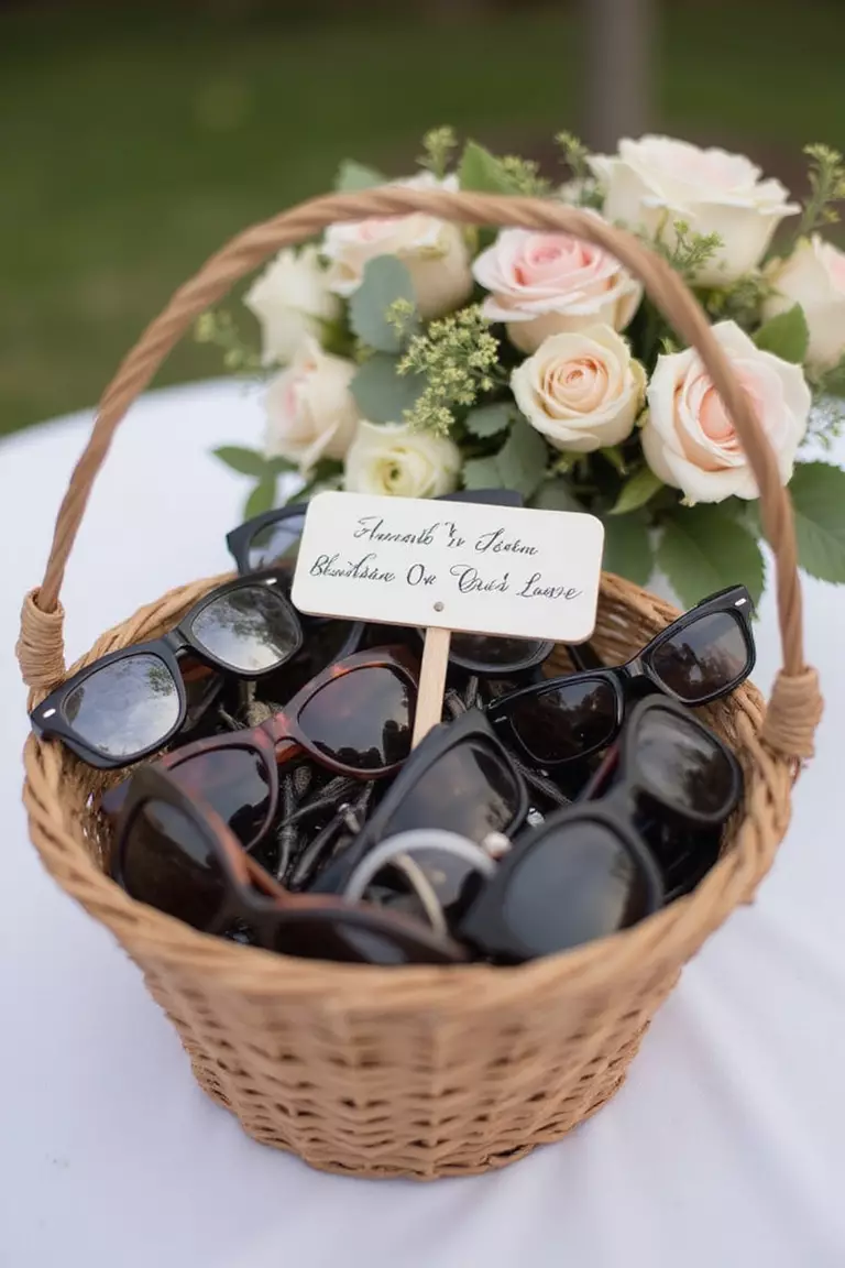 Offer A Sunglasses Station A professional photo, similar to a photo in a wedding magazine, of a basket filled with various styles of sunglasses with a small sign saying