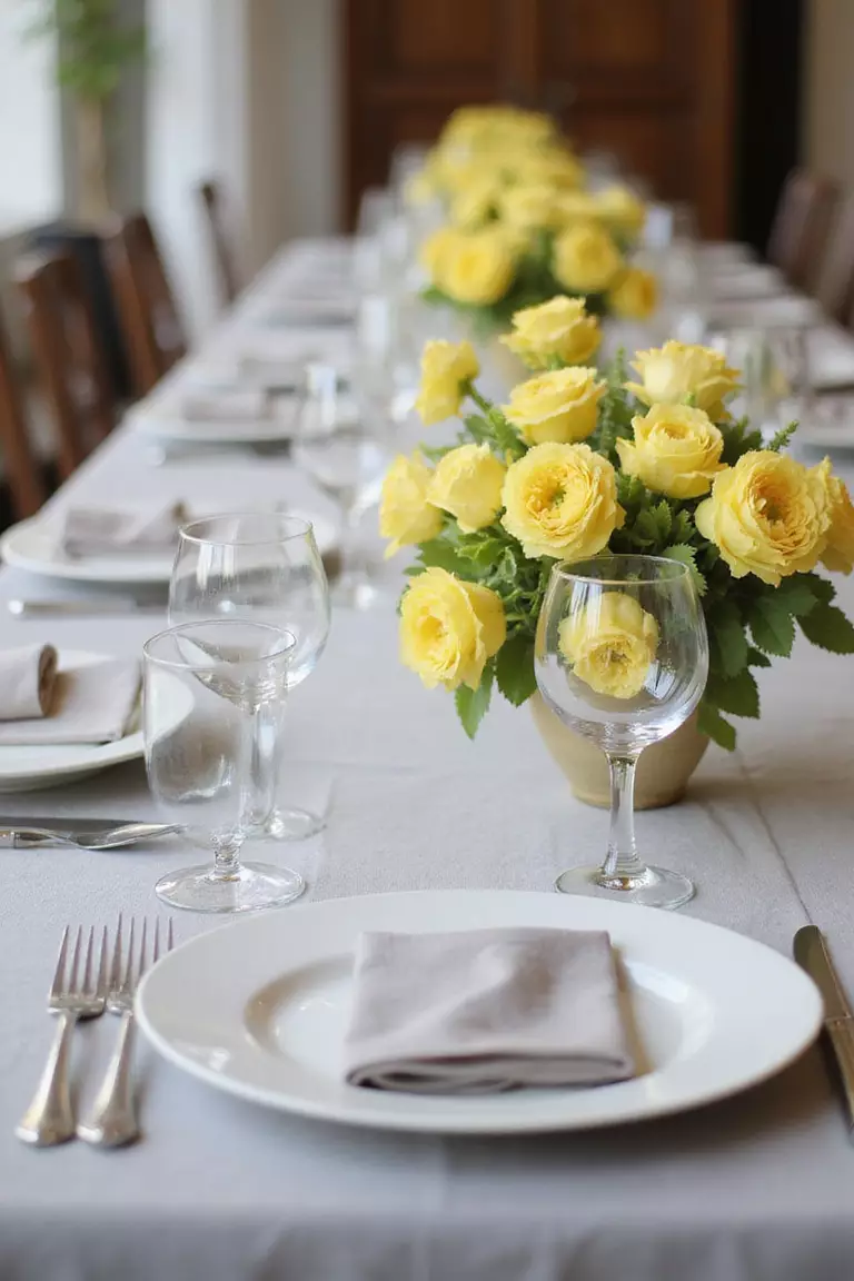 Lemon Yellow And Light Gray A professional photo, similar to a photo in a wedding magazine, of a wedding reception table setting with lemon yellow centerpieces and light gray tablecloths. Subtle hints of white porcelain plates.