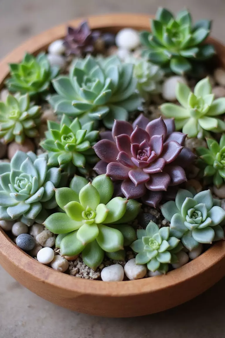 A professional photo, similar to a photo in a wedding magazine, of a shallow wooden bowl filled with various small green and purple succulents and decorative pebbles.