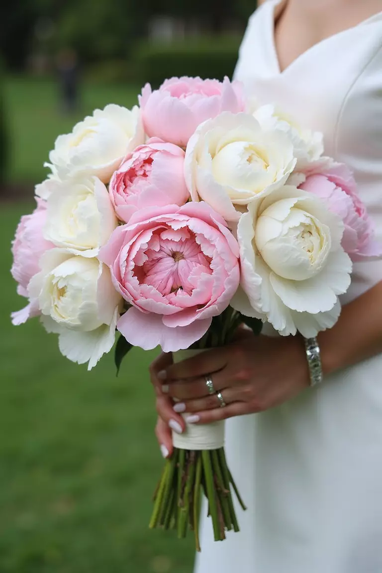 Peony Perfection A professional photo, similar to a photo in a wedding magazine, of a lush bouquet filled with soft pink and white peonies, held by hands with manicured nails. Garden backdrop. No text.