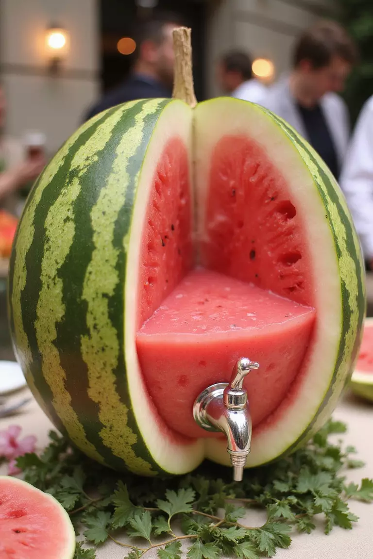 Watermelon Drink Station A professional photo, similar to a photo in a wedding magazine, of a hollowed-out large watermelon filled with pink punch, featuring a small tap installed near the bottom, on a decorated table.
