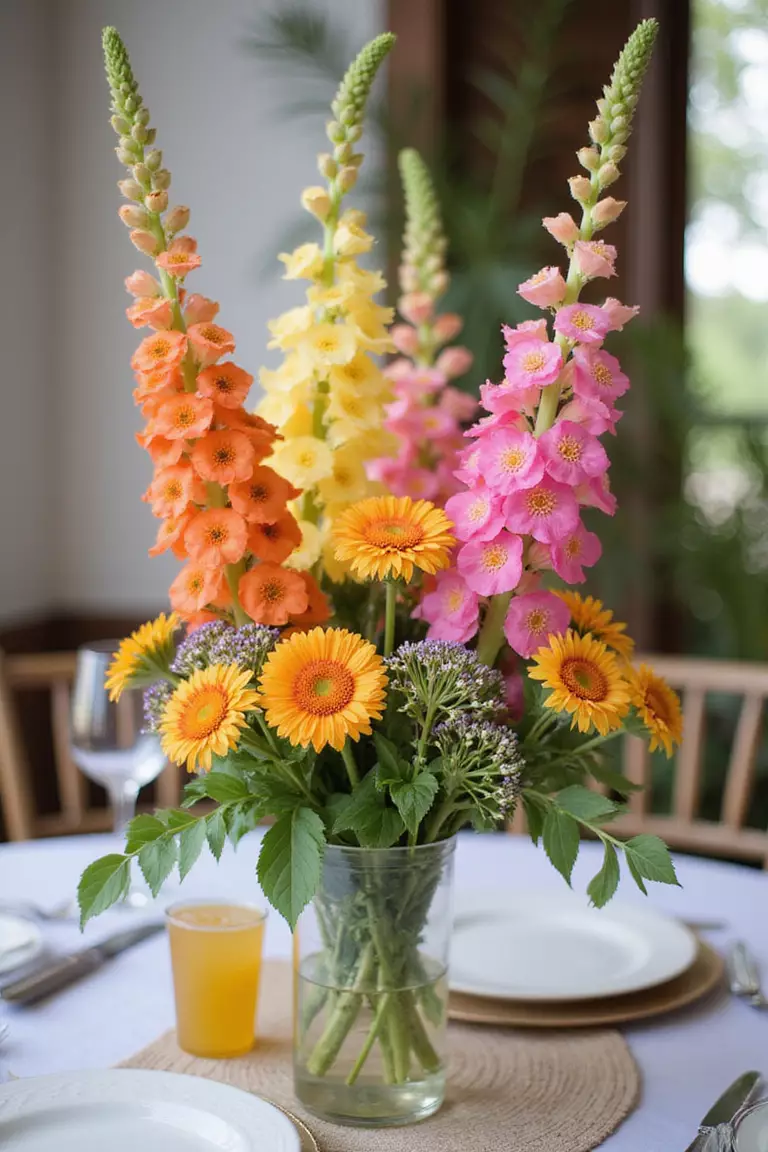 Snapdragons A professional photo, similar to a photo in a wedding magazine, of tall snapdragon stalks in sunset shades of pink, orange, and yellow adding playful height to wildflower-style centerpieces.