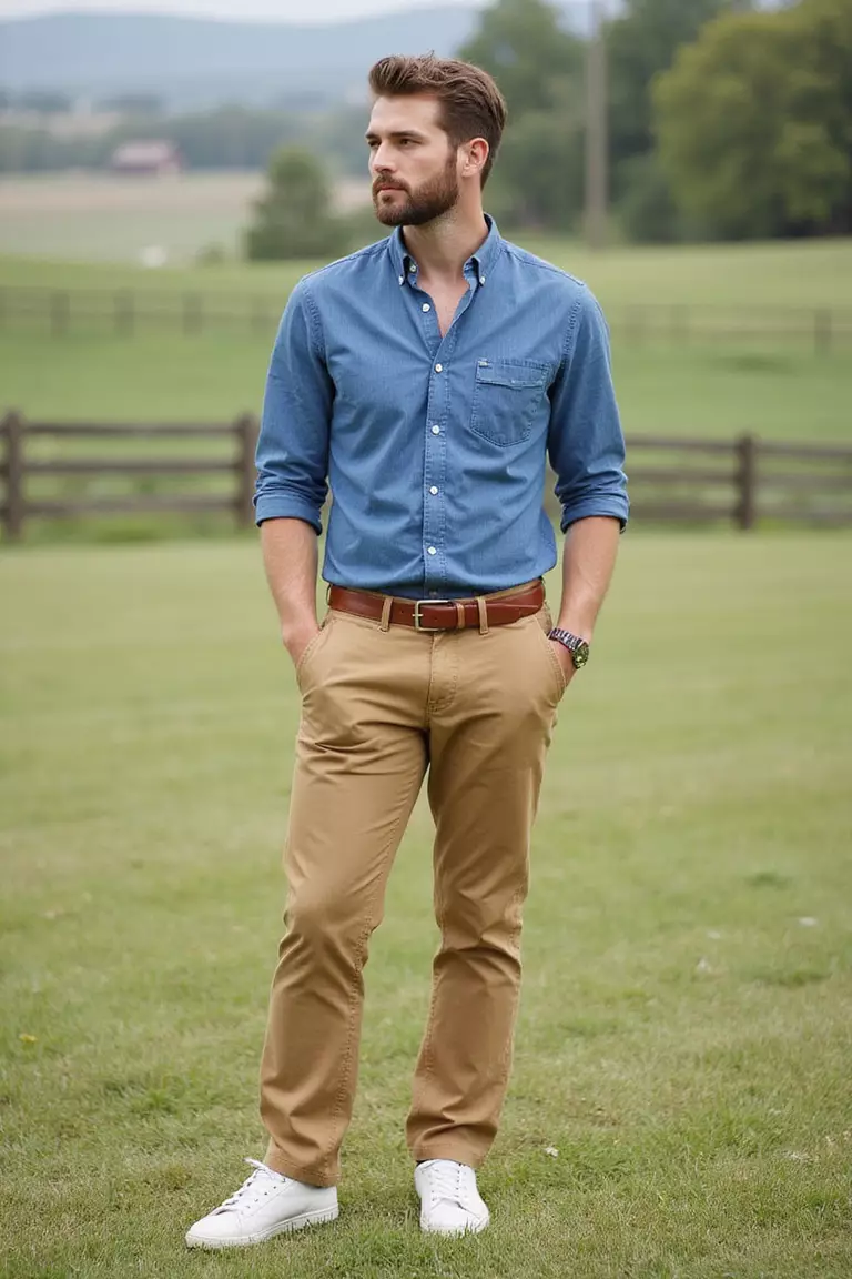Chambray Shirt and Chinos A professional photo, similar to a photo in a wedding magazine, of a man wearing a blue chambray shirt, tan chinos, brown leather belt, and white sneakers at a relaxed farm wedding.