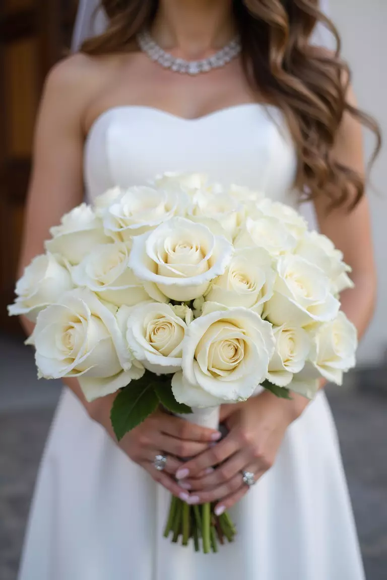 Classic White Roses A professional photo, similar to a photo in a wedding magazine, of an elegant, tightly packed bouquet of pure white roses, held by a bride in a white dress. Church entrance background. No text.
