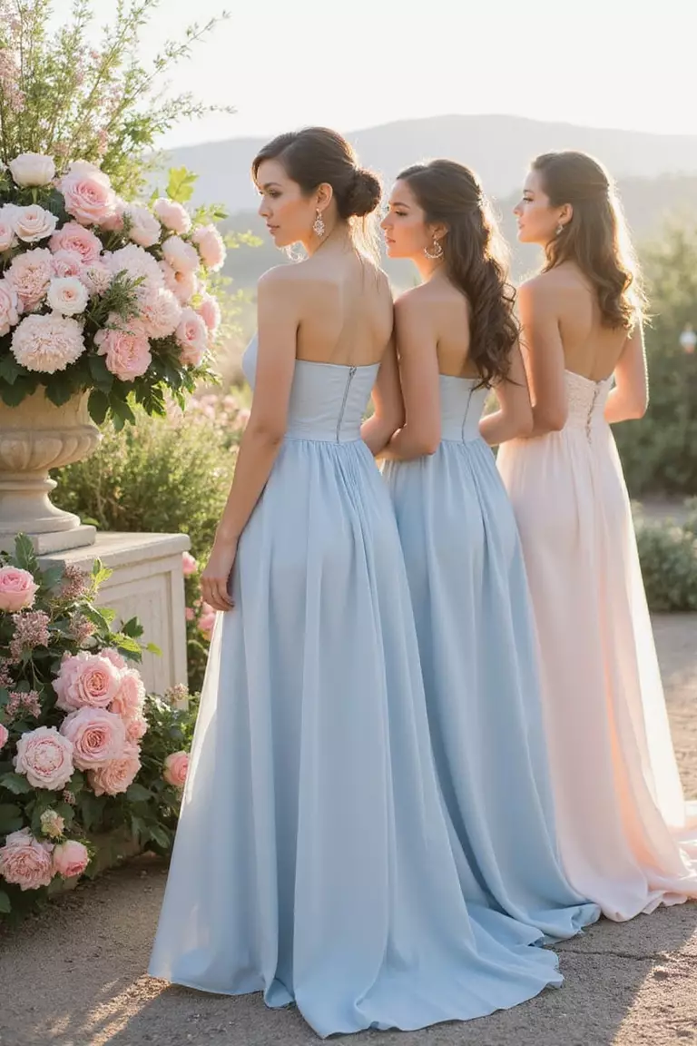 Dusty Blue And Blush Pink A professional photo, similar to a photo in a wedding magazine, of dusty blue bridesmaid dresses next to blush pink floral arrangements. Soft, romantic lighting enhances the delicate colors under a summer sky.
