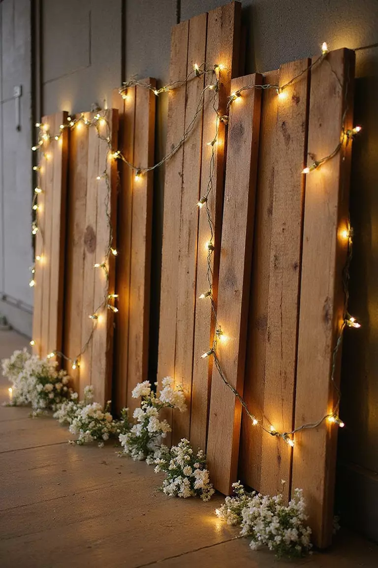 Rustic Wooden Pallet Wall A professional photo, similar to a photo in a wedding magazine, of several rustic wooden pallets standing vertically, adorned sparsely with strings of fairy lights and small white flower sprigs.