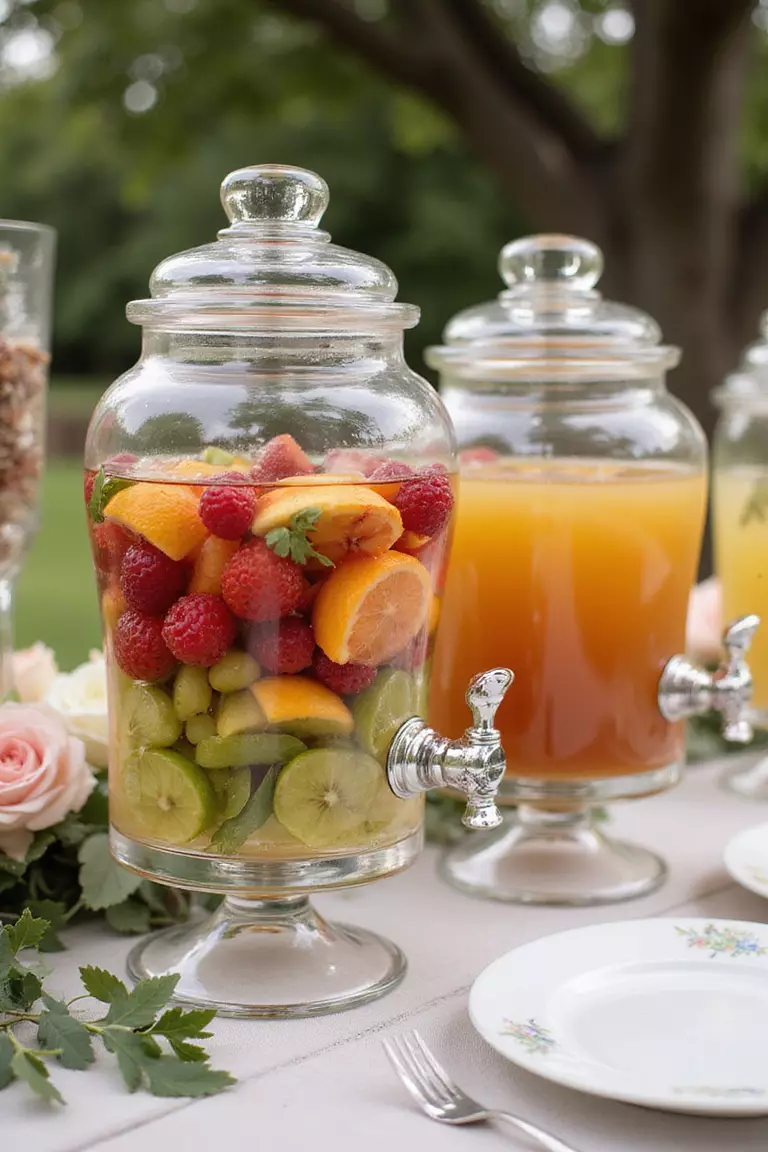 Set Up A Hydration Station A professional photo, similar to a photo in a wedding magazine, of elegant glass beverage dispensers filled with fruit-infused water, iced tea, and lemonade on a decorated table.