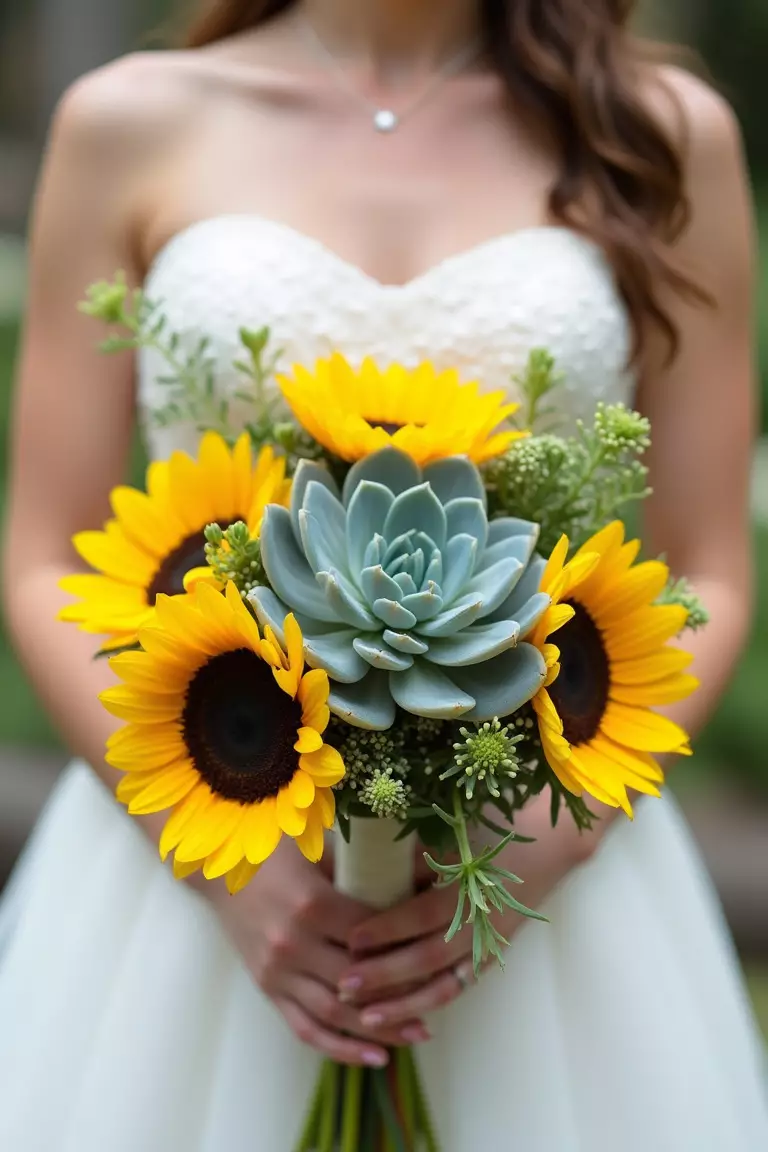Sunflowers With Succulents A professional photo, similar to a photo in a wedding magazine, of a bride holding a modern bouquet mixing sunflowers with interesting shapes and textures of green or blue-toned succulents.