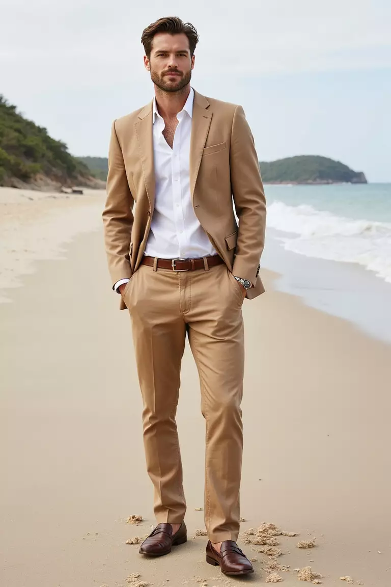Tan Linen Suit A professional photo, similar to a photo in a wedding magazine, of a man wearing a tan linen suit with an open-collar white shirt, no tie, and loafers at a beachside wedding setting