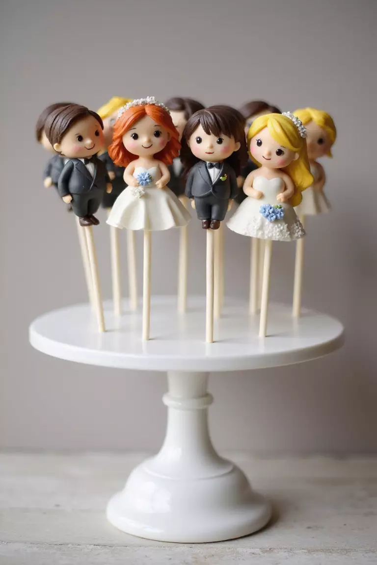 Cake Pop Display A professional photo, similar to a photo in a wedding magazine, of colorful cake pops decorated like mini brides and grooms, arranged upright in a stylish stand.